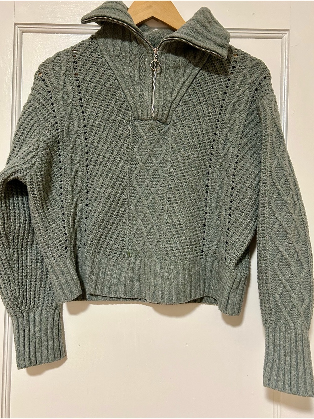 Sincerely Jules Sage Gray Cable Knit Half-Zip Turtleneck Sweater